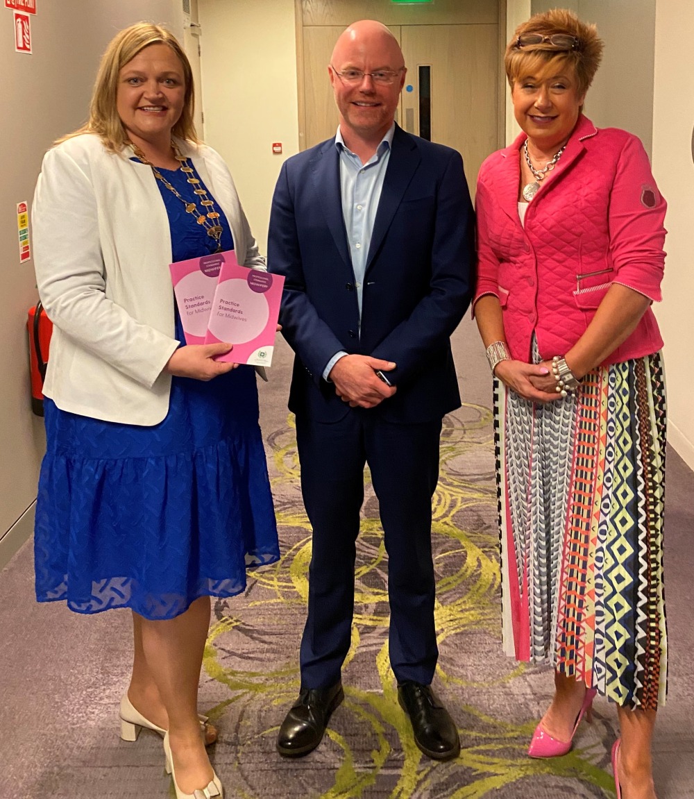 Pictured (left to right): NMBI President, Essene Cassidy, Minister for Health, Stephen Donnelly and NMBI CEO, Sheila McClelland at the launch of the 2022 updated Practice Standards for Midwives in Dublin
